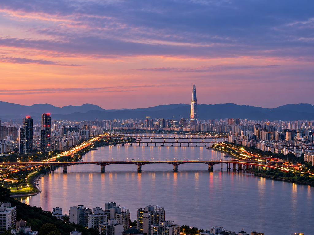 Seoul skyline over the Han River at dusk